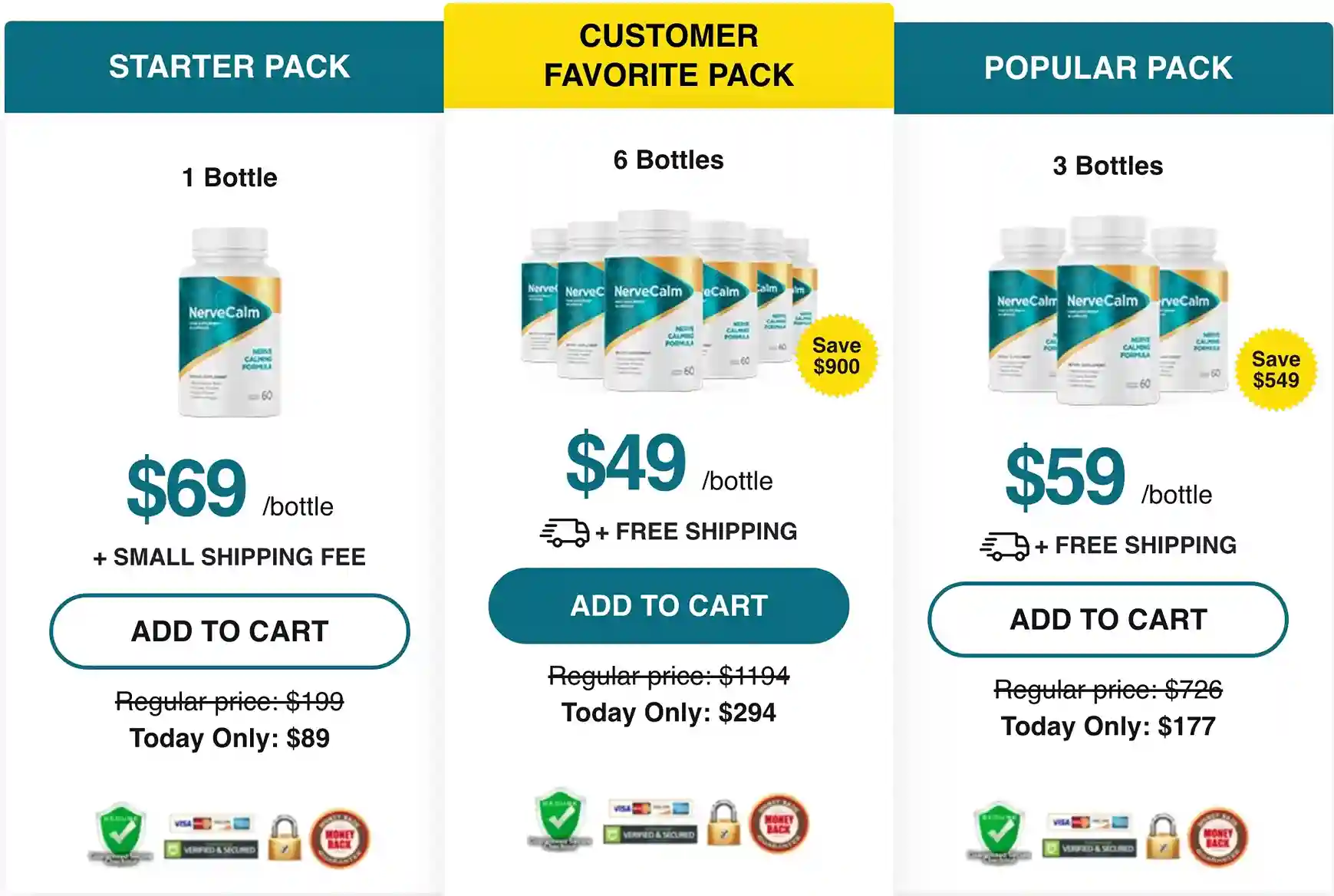 NerveCalm Pricing 1 Bottle 3 Bottle 6 Bottle Packages